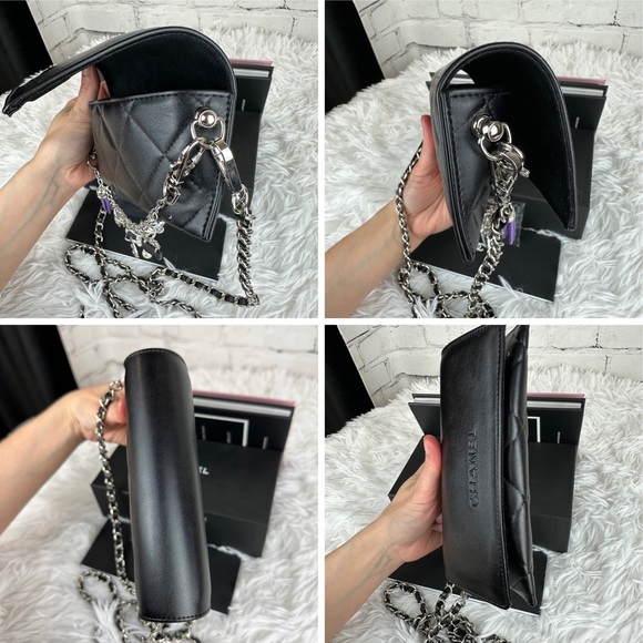 CHANEL matelasse black leather glasses case crossbody with box and charm - Picture 4 of 13